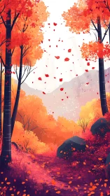Autumn Forest Path with Falling Leaves.