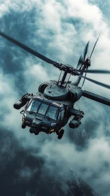 Stealth military helicopter cutting through storm clouds.