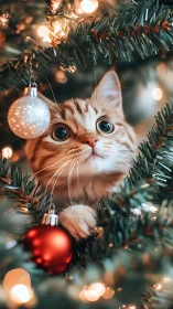 Photorealistic kitten nestled in luminous Christmas tree bokeh.