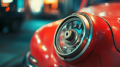 Vintage red car speedometer glows under neon night lights.