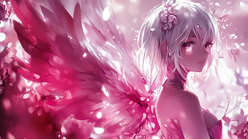 Blossom-winged girl pauses in a dreamy pink twilight glow