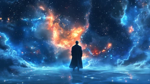 Backlit observer surveying bifurcated nebular starfield horizon.