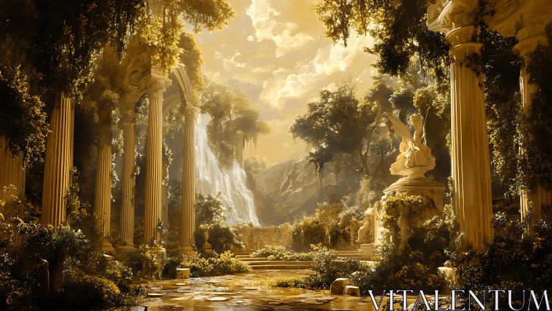 Golden ancient ruins cradle a sunlit waterfall sanctuary