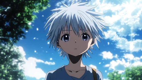 White haired anime boy in sunlit park under vivid blue sky