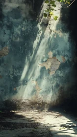 Sunlit ivy casting long shadows on weathered blue wall.