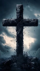 Rising stone cross breaks from the earth beneath stormy skies