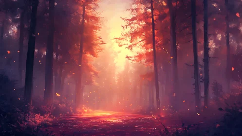 Forest Ablaze: Apocalyptic Luminescence Through Towering Pines.