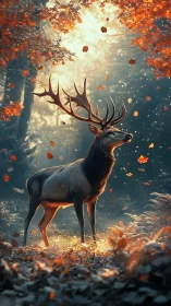 Majestic stag under autumn canopy in backlit forest glow
