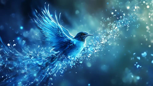 Blue cosmic bird erupts through crystal light shards.