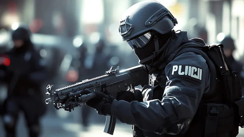 Heavily armed tactical police officer in urban operation.