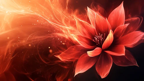 Luminous fiery flower bursts through swirling ember light.