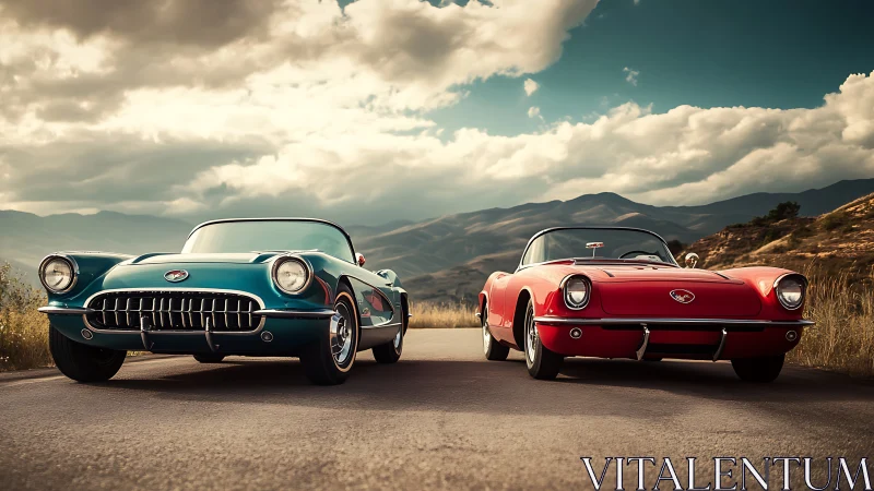 Two classic convertibles parked on rural mountain road.