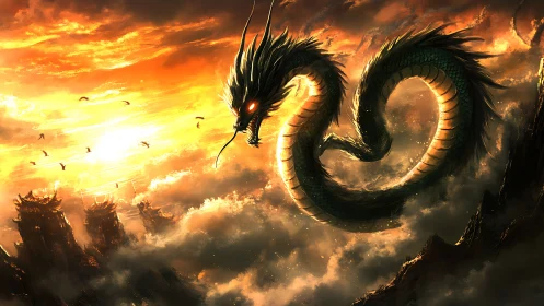 Sunlit sky serpent drifting above ember-tipped peaks.