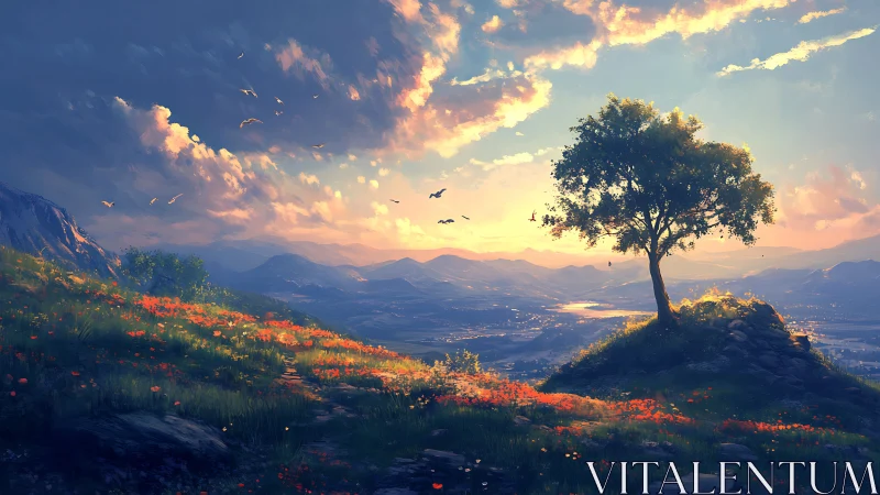 Lone hillside tree under volumetric sunset cloud dynamics.