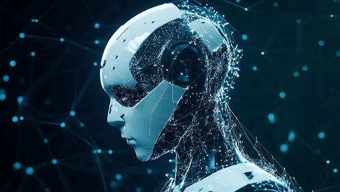 3D cybernetic android profile with neural lattice detailing.