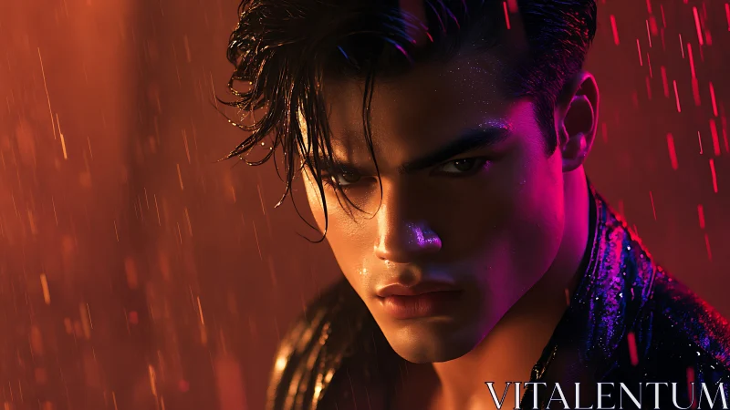 Male portrait under colored rain lighting demonstrates contrasts