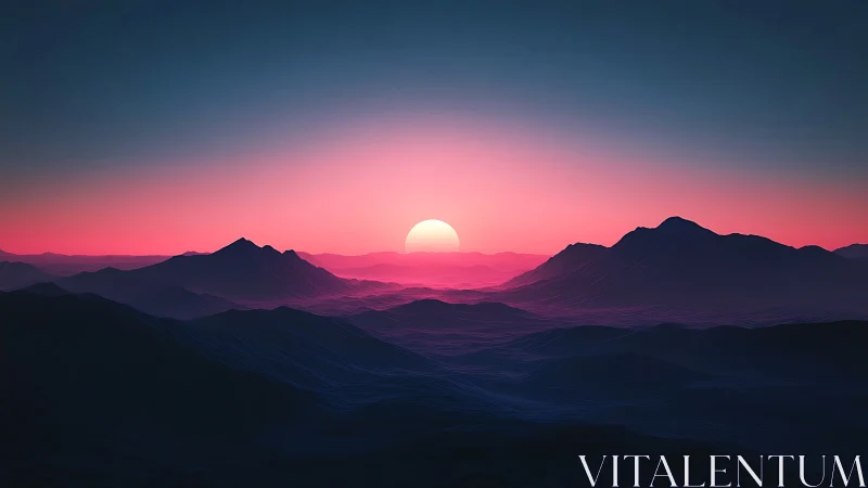 Spectral gradient dawn over low-poly volumetric mountain basin.