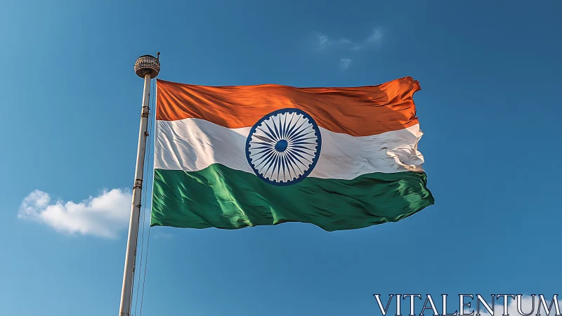Indian tricolour flag in dynamic aerodynamic tension against sky.