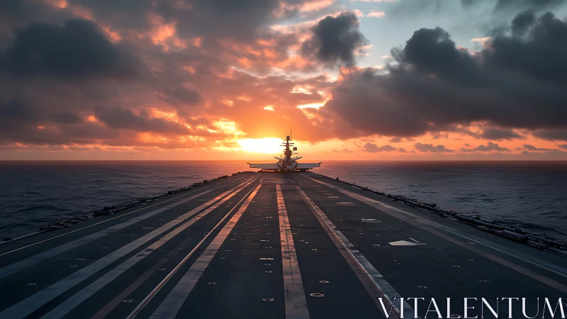 Aircraft carrier flight deck aligned with low-contrast ocean sunset