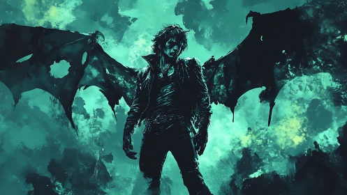 Winged humanoid figure stands against abstract teal backdrop