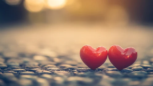 Twin Glossy Crimson Hearts on Textured Stone Surface with Bokeh Ambient Lighting