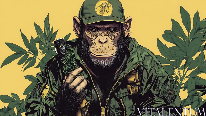 Chimpanzee in tactical jacket holding radio in foliage.