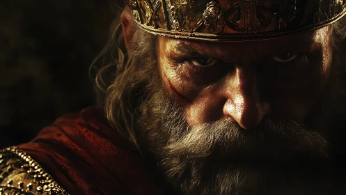 Battle-scarred monarch in dramatic low-key cinematic close-up.