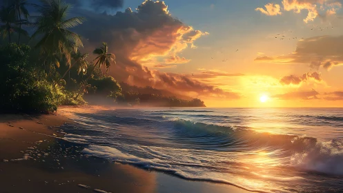 Golden tropical shoreline glows under a tranquil ocean sunset.