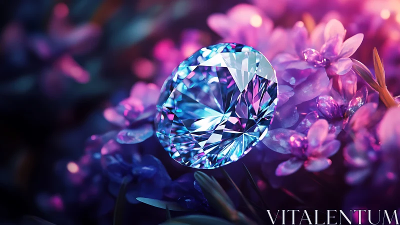 Brilliant cut gemstone in neon bokeh floral macro lighting study