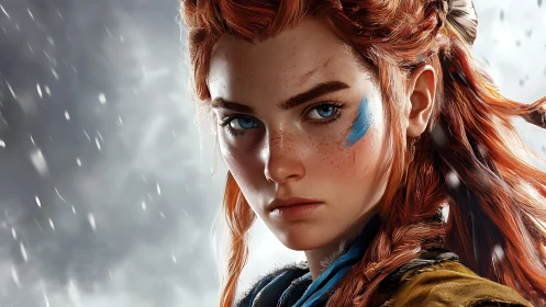 Red haired female warrior portrait in snowy setting.