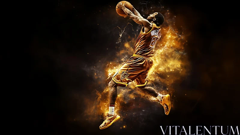 Dynamic basketball dunk frozen in fiery digital motion trail