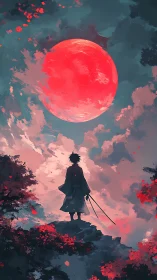 Samurai silhouette under chromatic red lunar overcast sky.