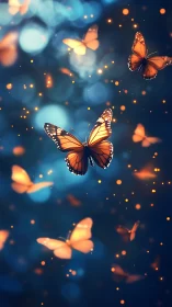 Monarch butterflies glowing against dreamy blue bokeh sky.