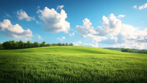 Sunlit grassland under cumulus cloudscape in wide horizontal frame