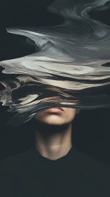 Portrait shows face partially obscured by fluid paint distortion