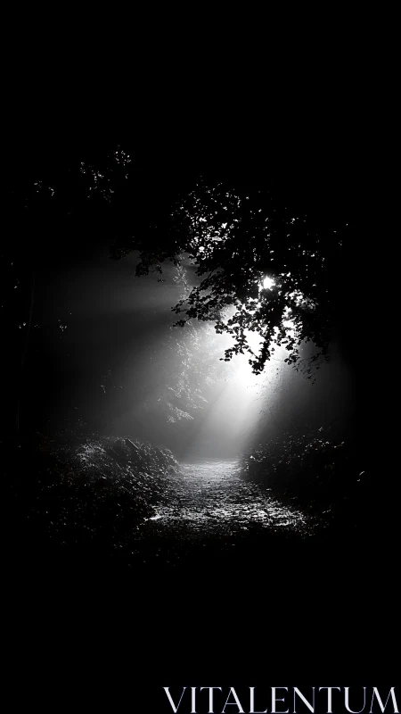 Monochrome forest path pierced by dramatic overhead light beams.