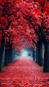 Tree-lined path under dense red foliage canopy in foggy park.