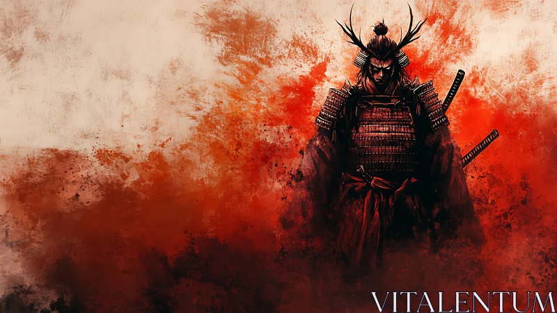 Armored samurai emerges from abstract crimson battlefield haze