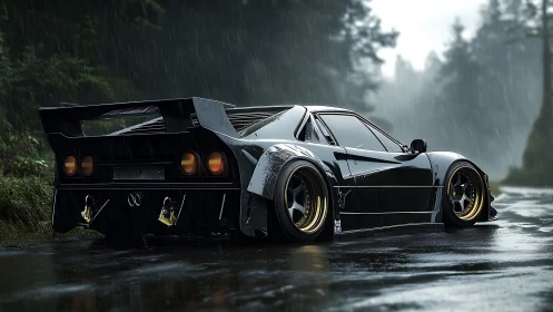 Aerodynamic widebody supercar in wet forest road rainfall.