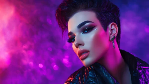 Neon-lit cyberpunk beauty portrait in saturated bokeh glow.