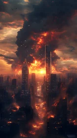 Apocalyptic skyline engulfed in vertical inferno and sunset flare
