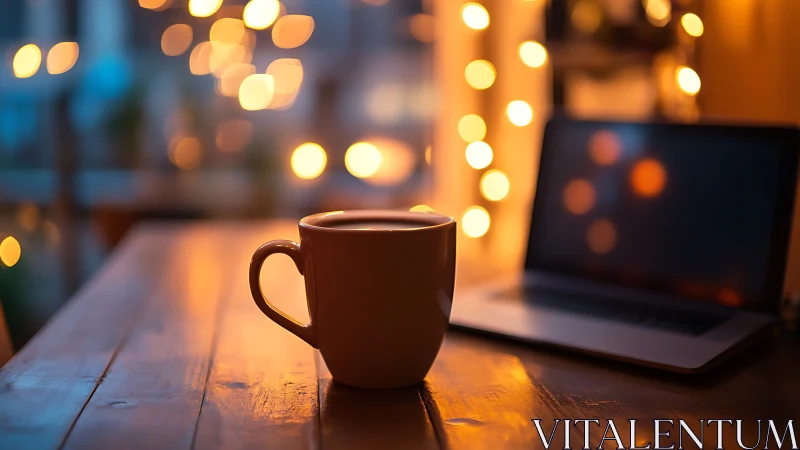 Warm ceramic mug on wooden desk before laptop, bokeh lights