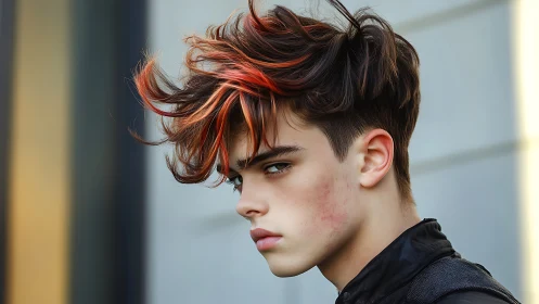 Youthful portrait showcases dynamic red-streaked hairstyle.