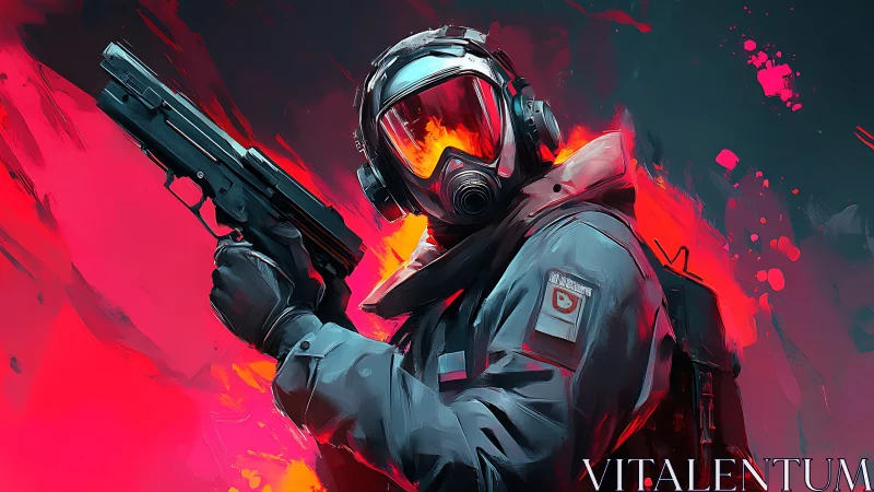 Tactical operator in hazmat gear amid neon combustion field