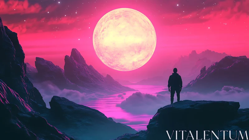 Luminous moonrise over neon alien seascape in silhouette.