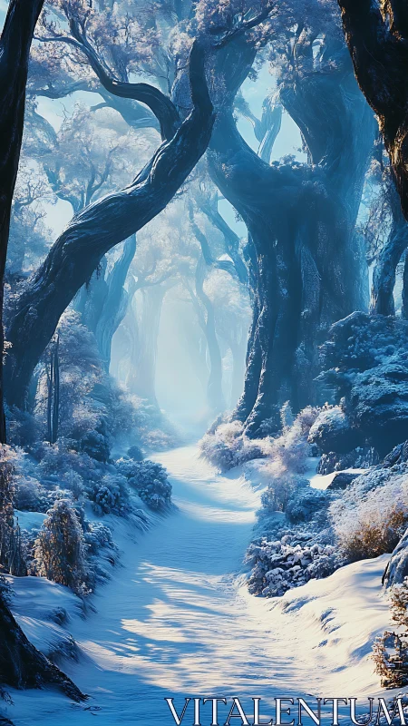 Frozen Forest Canyon with Luminous Ice Stream Path.