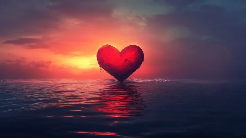Large red heart form positioned in calm water at sunset