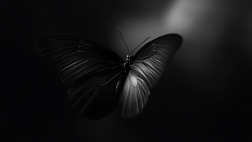 Midnight butterfly drifting through soft silver shadows.