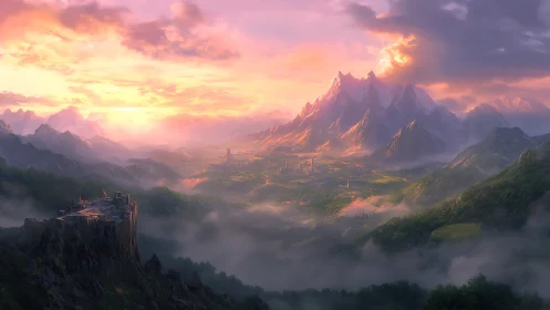 Sunlit valley kingdom beneath misty rose-gold peaks.