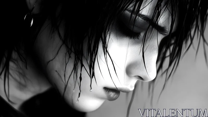 Rain-soaked profile carves silence into monochrome light